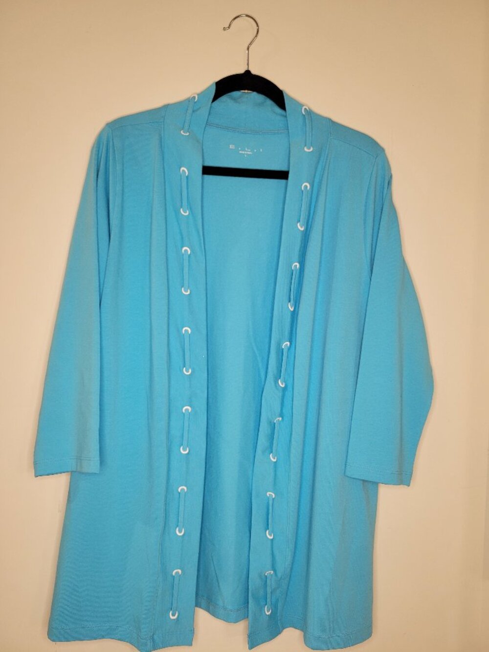 ELI Open Front Cardigan Womens Large L Aqua Blue Pima Cotton Grommet Duster EUC